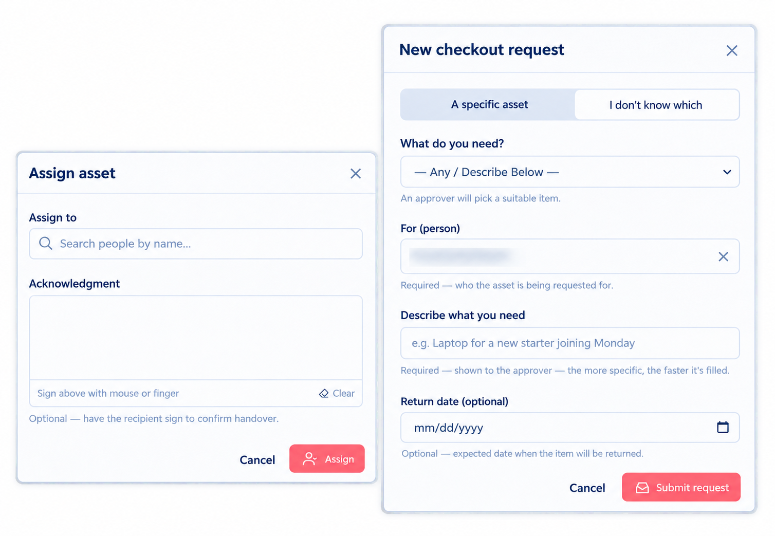 Stackroom assignments list — every checked-out asset with its holder and checkout date, with overdue and due-soon counts