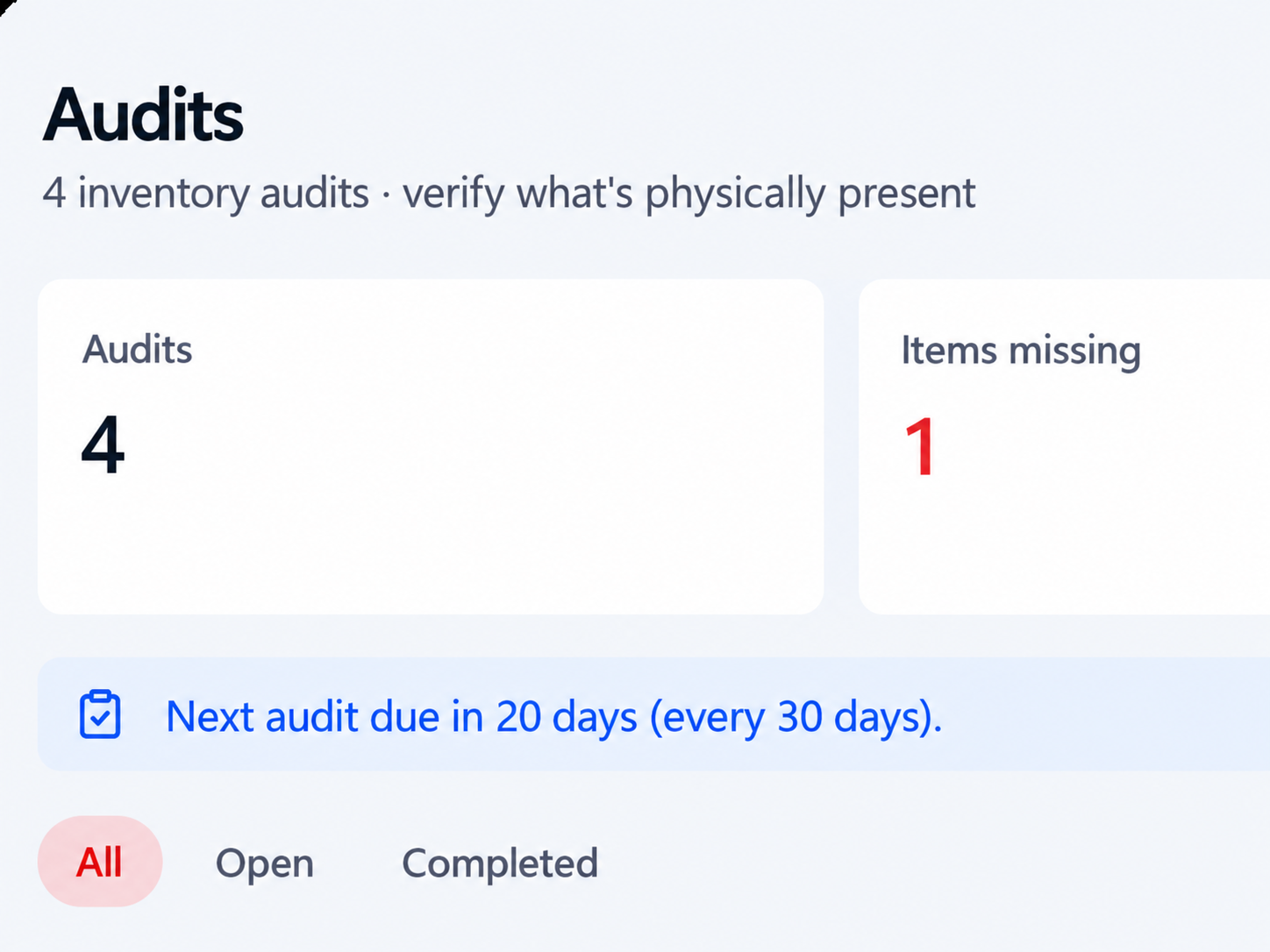 Stackroom audits list — cycle counts by scope with verification progress and missing counts
