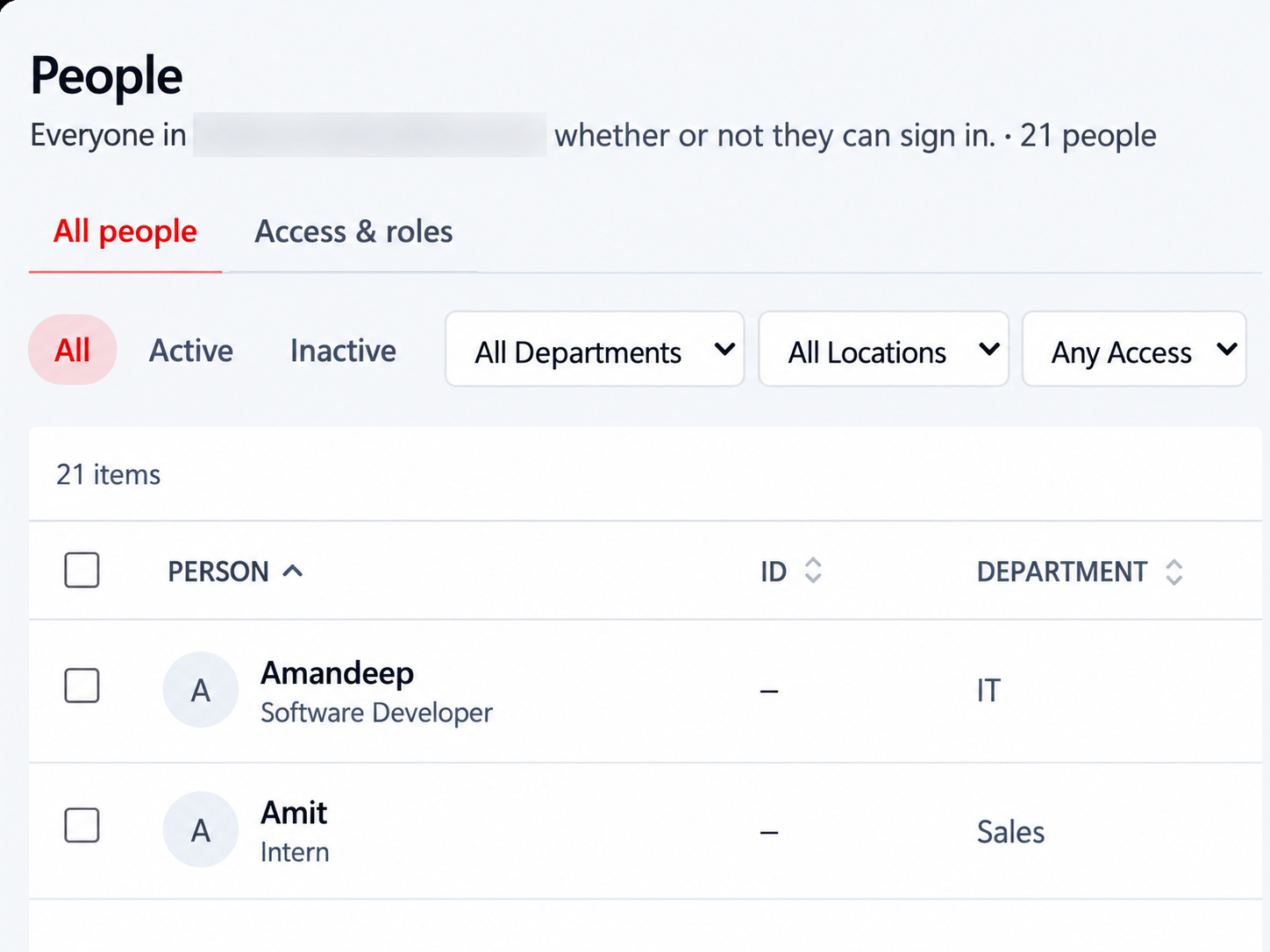 Stackroom people directory — everyone in the organisation with department and access, the starting point for offboarding
