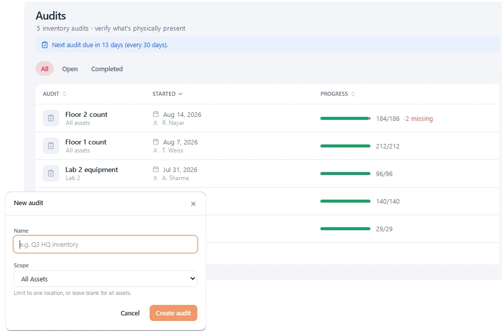 Stackroom audits list — cycle counts by scope with verification progress and missing counts, and the new-audit dialog