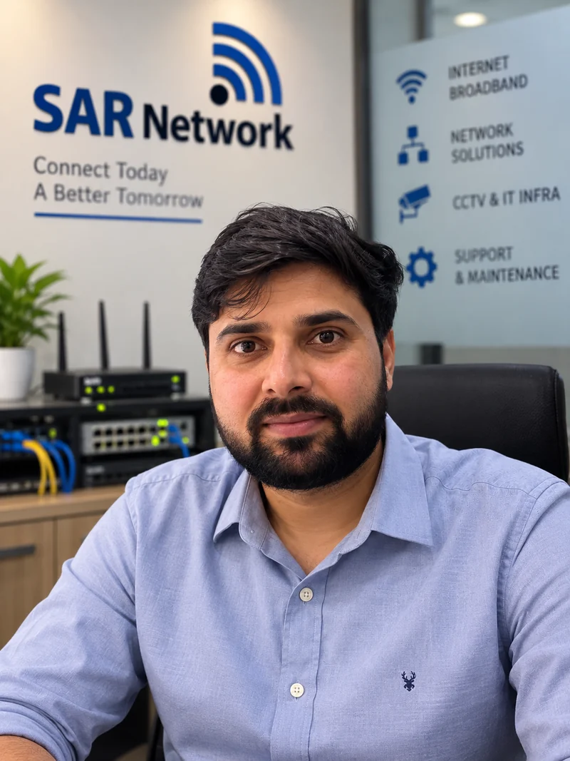 Lalit at his desk at SAR Network, with network switches and the company signage behind him