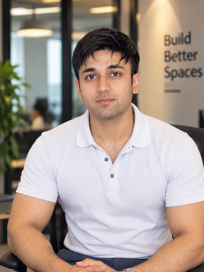 Nikhil Soni seated at a desk in the naxsha.ai office, with a “Build Better Spaces” sign behind him
