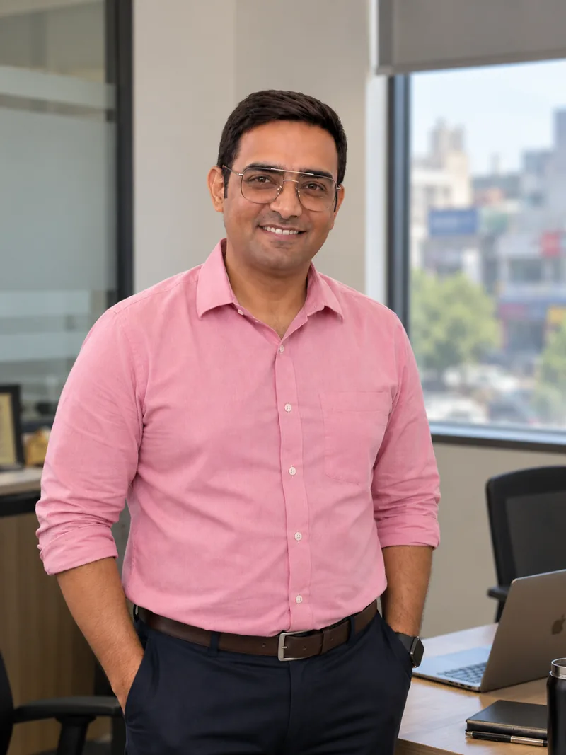 Sandeep Vats standing by his desk in the FindMyInvestor office, with a window onto the street behind him