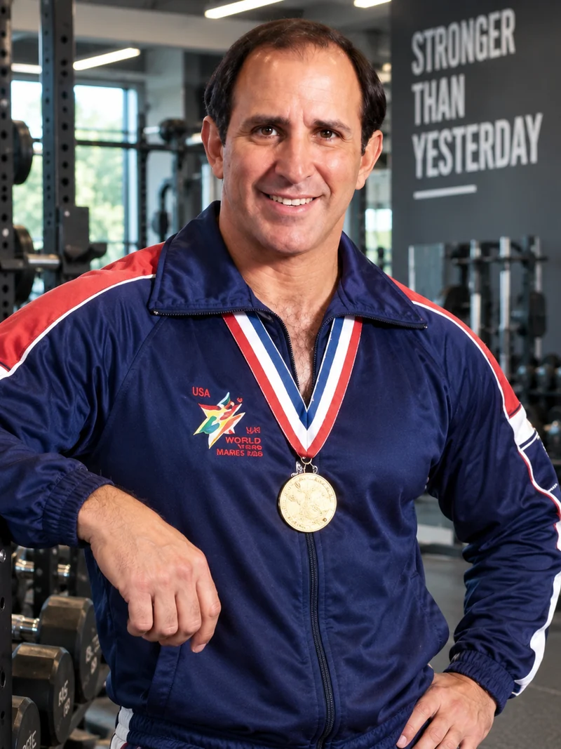 Steven Zeigman in a USA team jacket, wearing a competition medal, in a gym